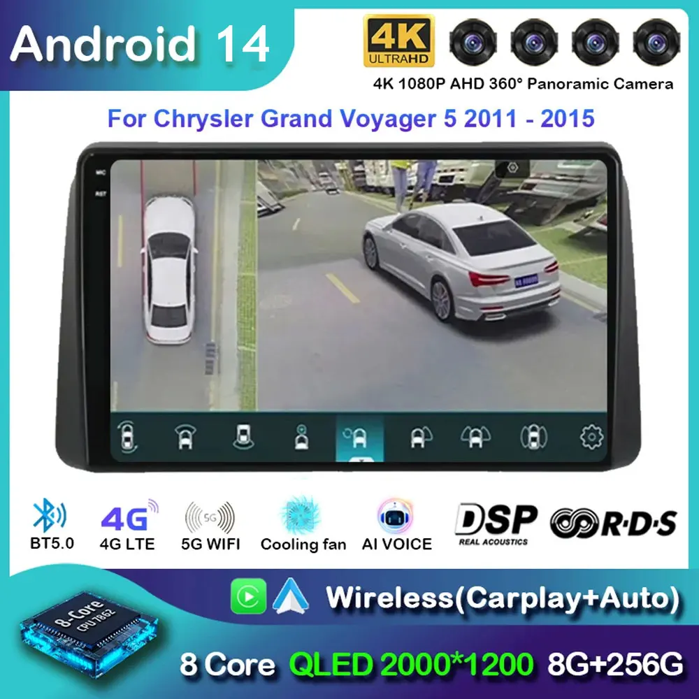 Android 14 For Chrysler Grand Voyager 5 2011 - 2015 For Dodge Grand Caravan 2008-2020 Car Radio Player Multimedia GPS 360 Camera