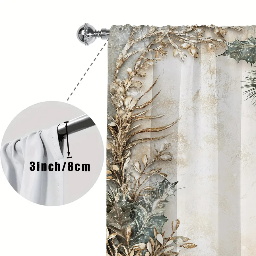 2PCS Gold Poinsettia Christmas Curtains, Pine Branch Vintage Frame Winter Holiday Window Drapes for Bedroom Living Room Decor
