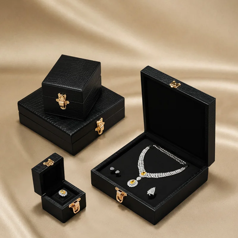 Oirlv Black Leather Jewelry Box Ring Earring Bracelet Necklace Jewelry Gift Box Velvet Lining Multi-size Storage Case