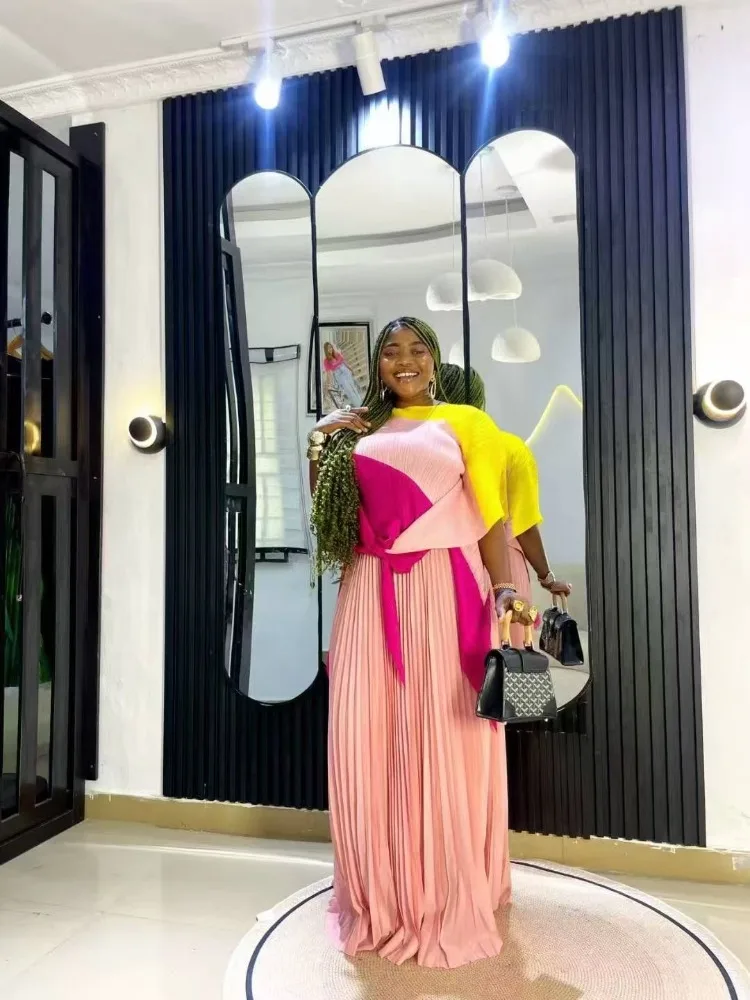 

Комплект из двух предметов Miyake, плиссированный цветной топ нестандартного дизайна + элегантный плиссированный свободный комплект женской одежды, новинка лета