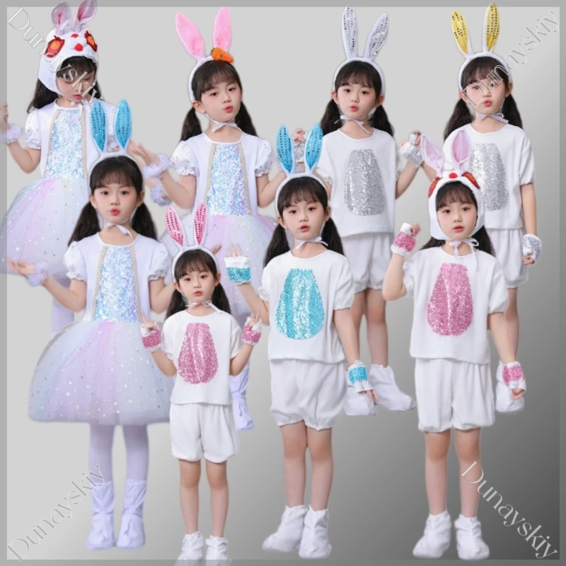 

Bunny Dance Costume Set For Height 100cm-160cm Tutu Dress Short Sleeve & Shorts With Bunny Ears Hat For Stage Performances Cos
