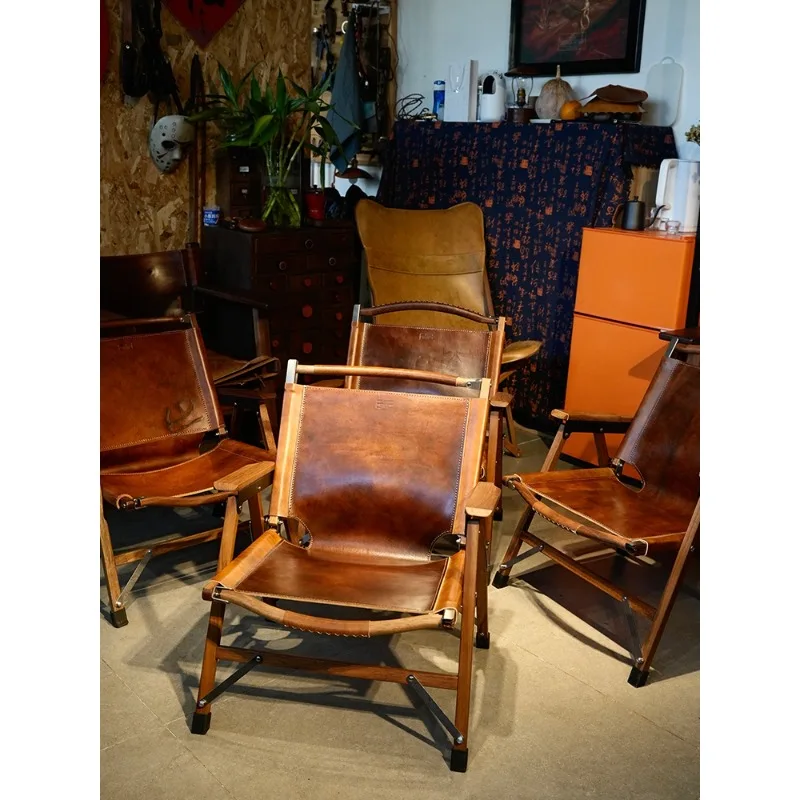 

Leather Goods Design Solid Wood Outdoor Camping Cowhide Portable Folding Chair