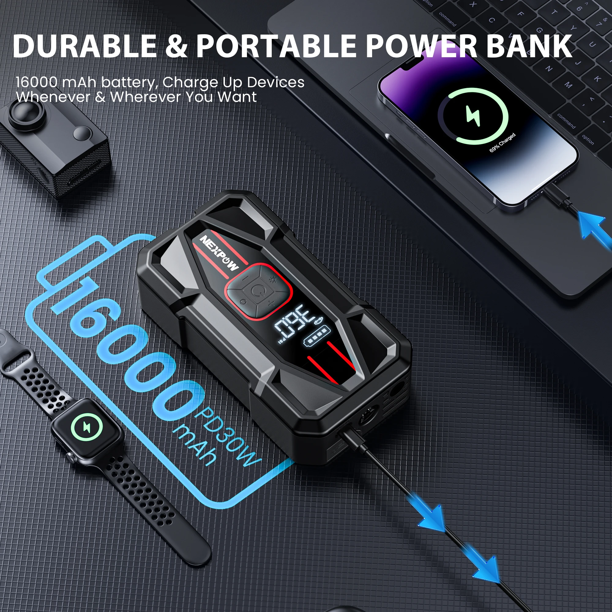 NEXPOW 3000A Car Jump Starter وضاغط الهواء - معزز بطارية محمول 12 فولت 59.2 وات في الساعة مع شحن سريع PD 30 وات، مضخة هواء 150 رطل لكل بوصة مربعة، S