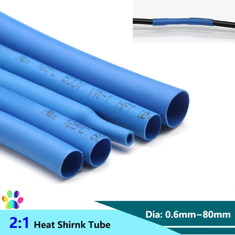 

1/3/5M Blue 2:1 Heat Shrink Tube Dia. 0.6mm ~ 80mm Wire Repair DIY Wire Protector Tubing Heat Shrinkable Sheath For Cables