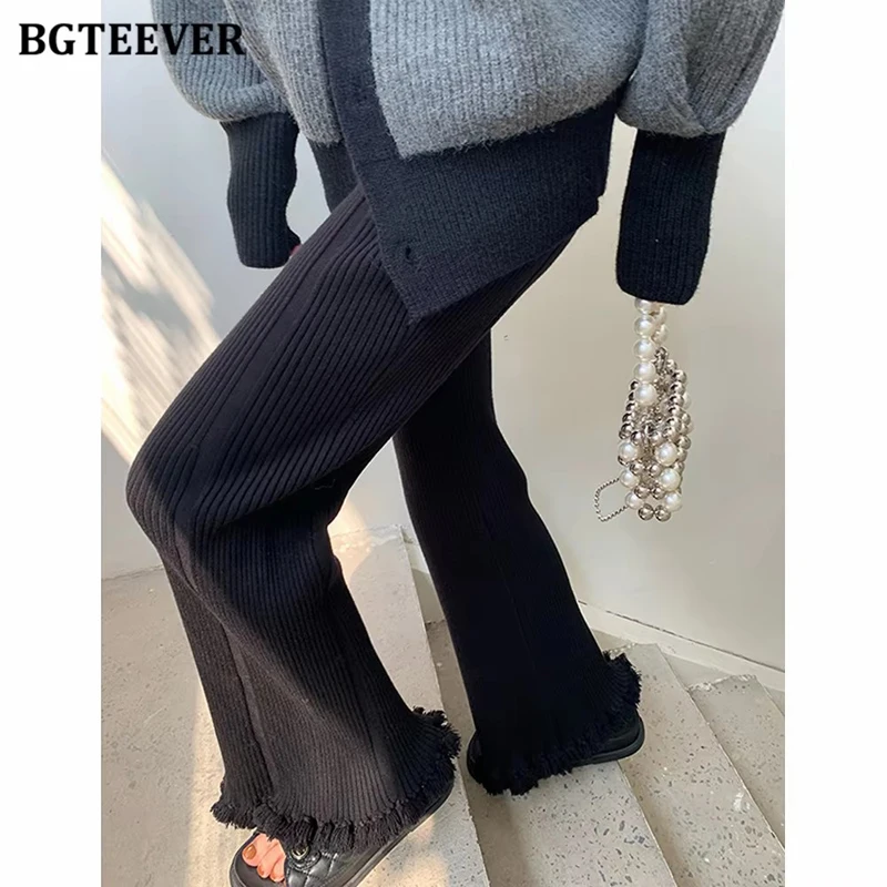 BGTEEVER Autumn Winter Elastic High Waist Knitted Trousers Women Casual Loose Flare Sweater Pants Female