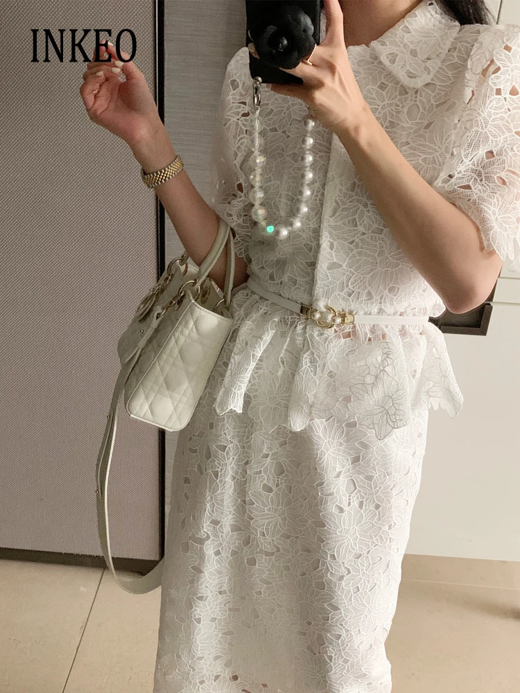 

Party White lace blouse tops and skirt 2 piece set suit Slim Women's Summer Sexy hollow out Female shirt with belt Elegant 3D037