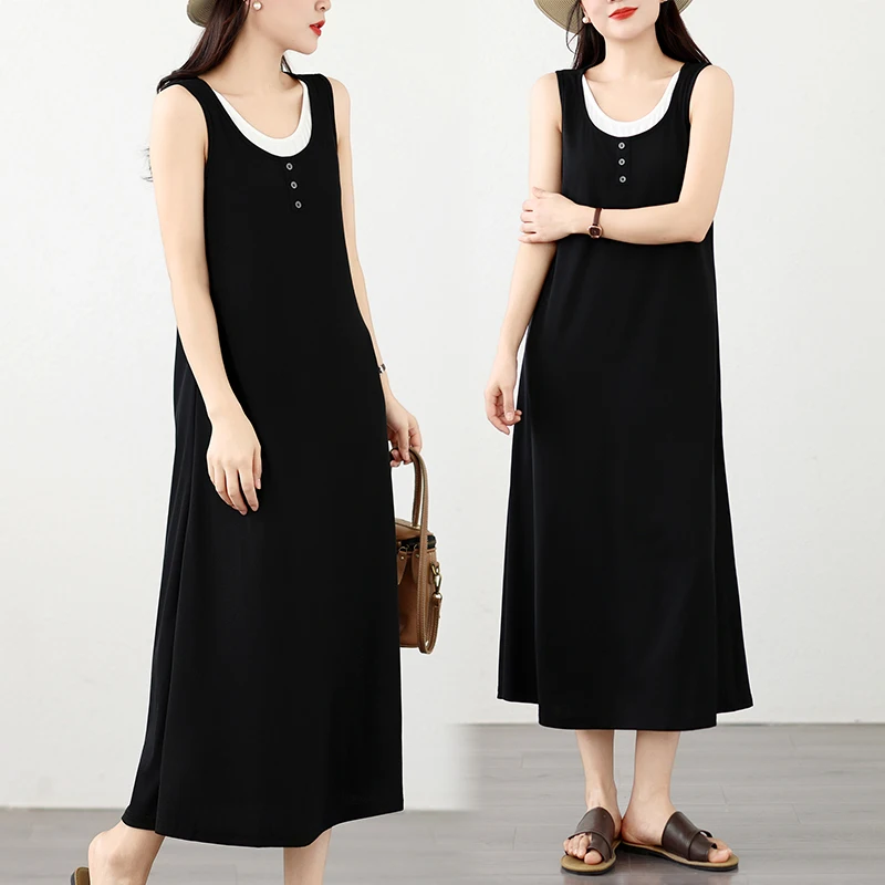 

plus Size Summer Dress Artistic Vest Dress Loose Sleeveless Midi Dress Casual Commute Style Fake Two-Piece round Neck Dress