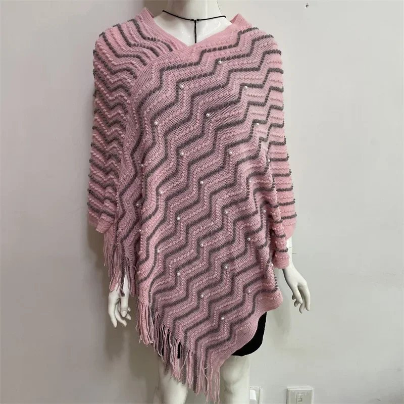 

Spring Autumn New Style Shawl Cloak Women Pearl Color Matching Nail Bead Imitation Cashmere Warm Tassel Knitted Coat Pink