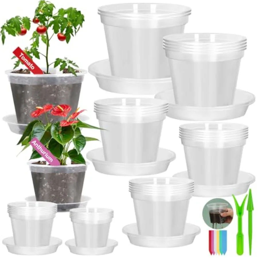 

30Pcs Clear Plastic Nursery Pots with Draage Holes and Saucers, 2.8/3.1/3.5/3.9/5.1/5.9/7.1ch Seedlg Starter Pots with Tool for