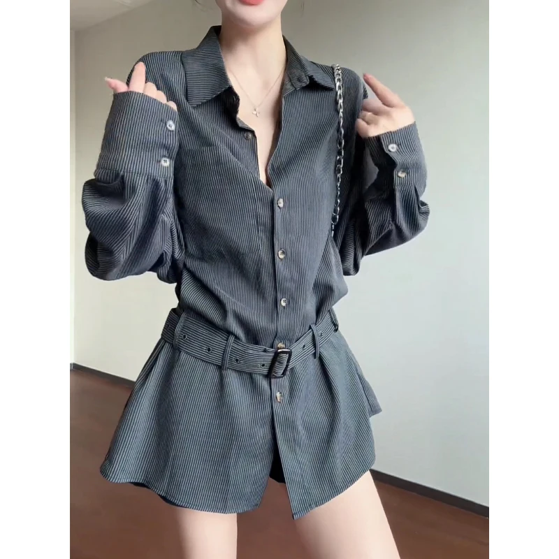

Stylish Striped Button Down Shirts for Women Dress Shirts Long Sleeve Casual Collared Office Work Shirt with Belt Long Blouses