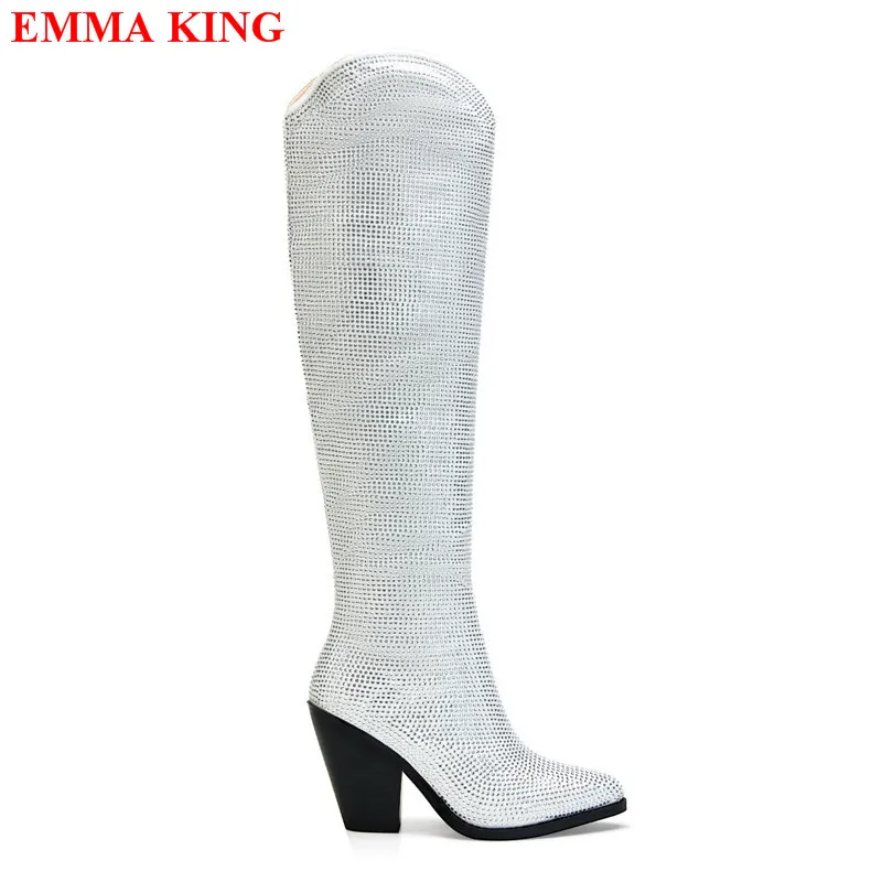 Winter Autumn Cowboy Boots Female Rhinestone Western Boots Luxury Chunky Heel Pointy Knee High Boots Black White Ladies Shoes