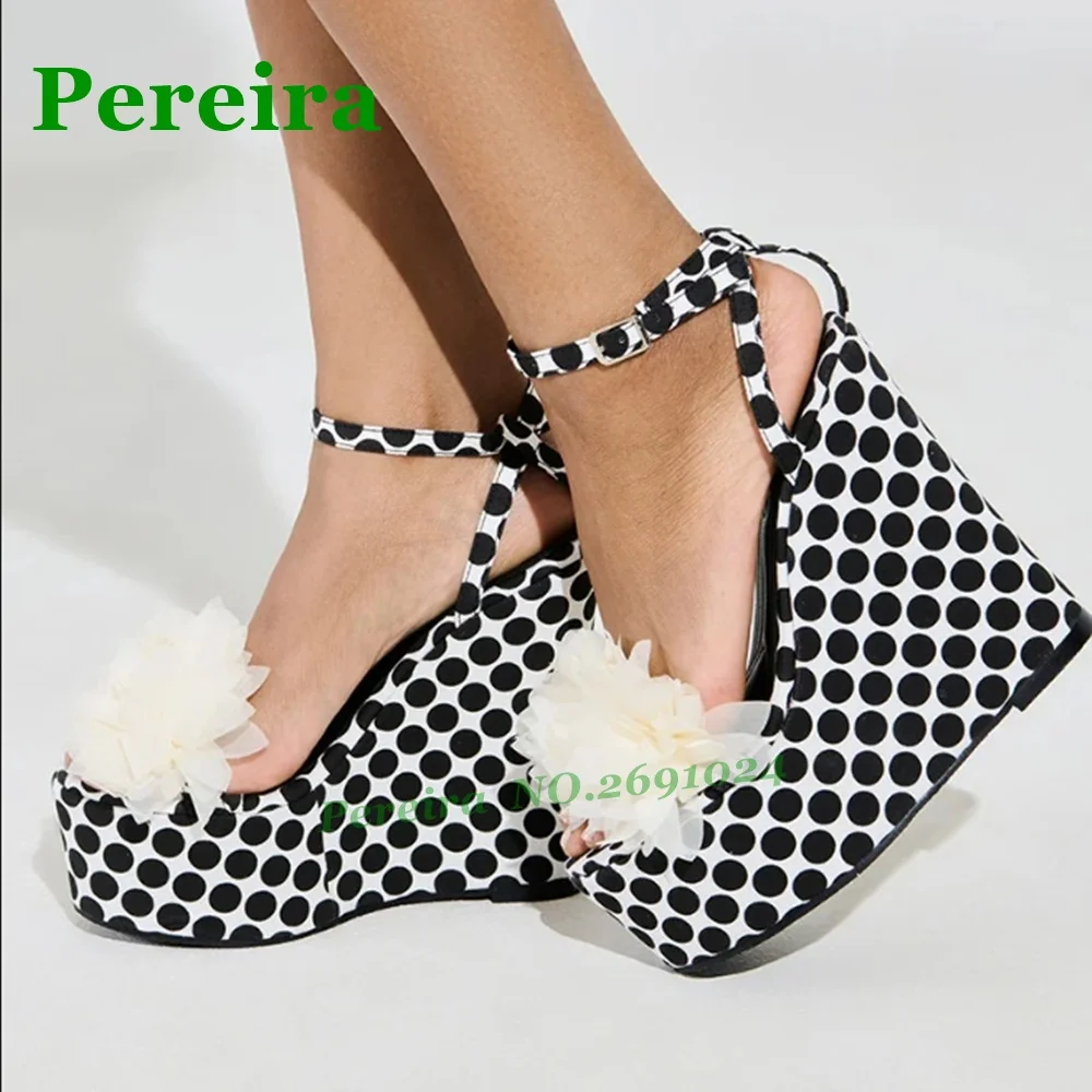 Polka Dot Flower Wedges Sandals Open Toe Platform Buckled Women's Sandals 2025 New Summer High Heels Slingback Runway Party Shoe view 3