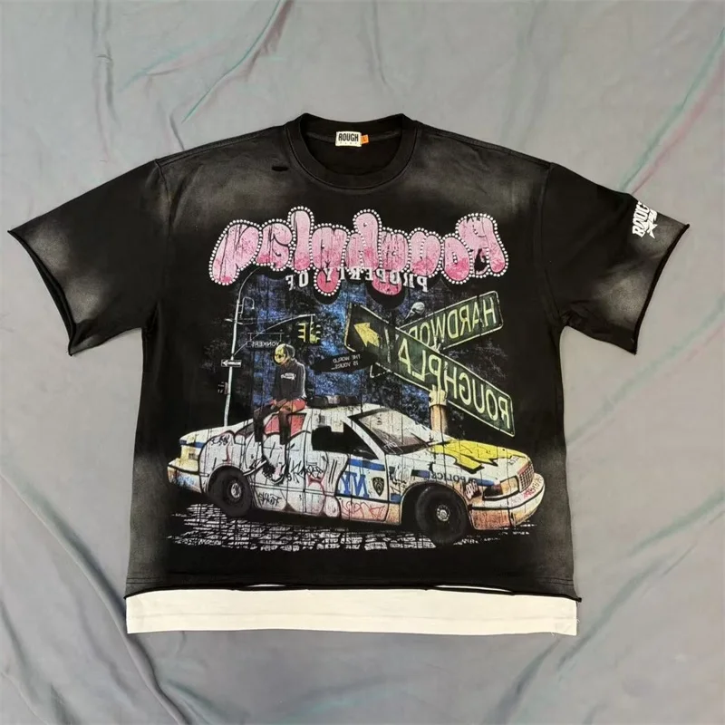 Rough Car Print Mens T-shirts Washed Black Streetwear Oversized T Shirt
