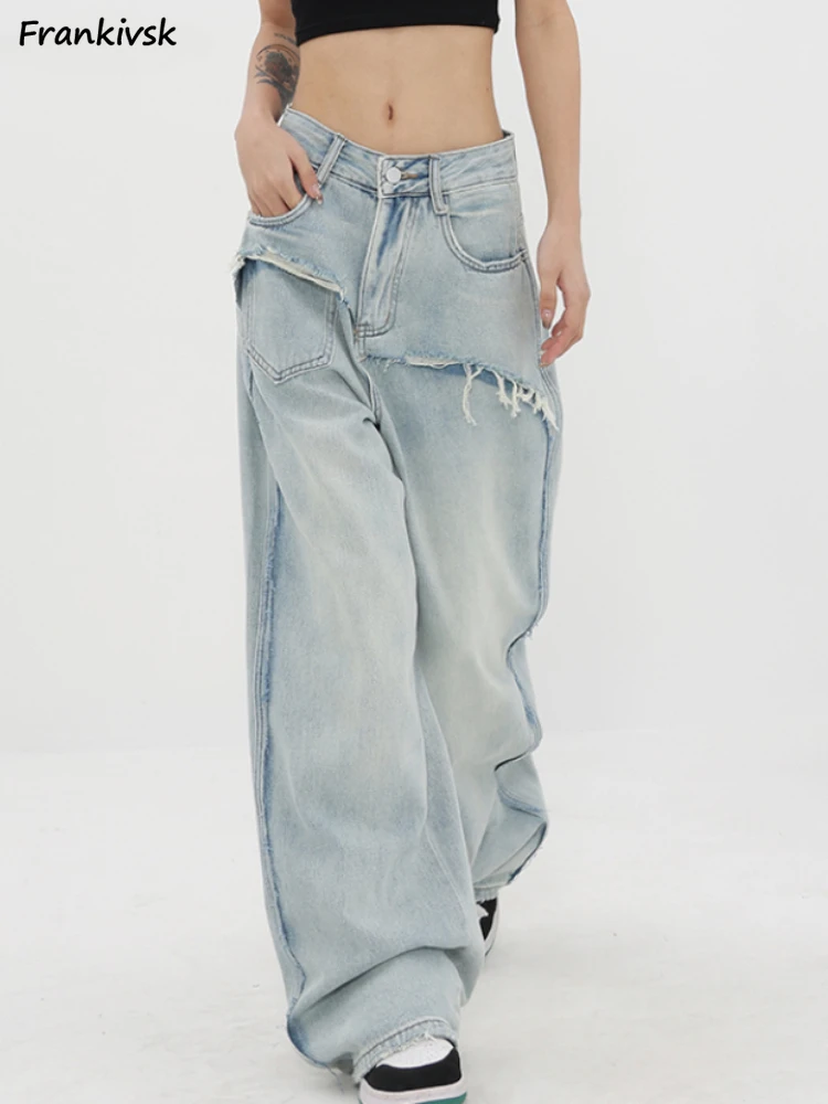 

Patch Work Jeans Women Wide Leg Loose Leisure Spring Autumn Retro Raw Edge Hipster High Street Hip Hop Vintage Washed Bleached