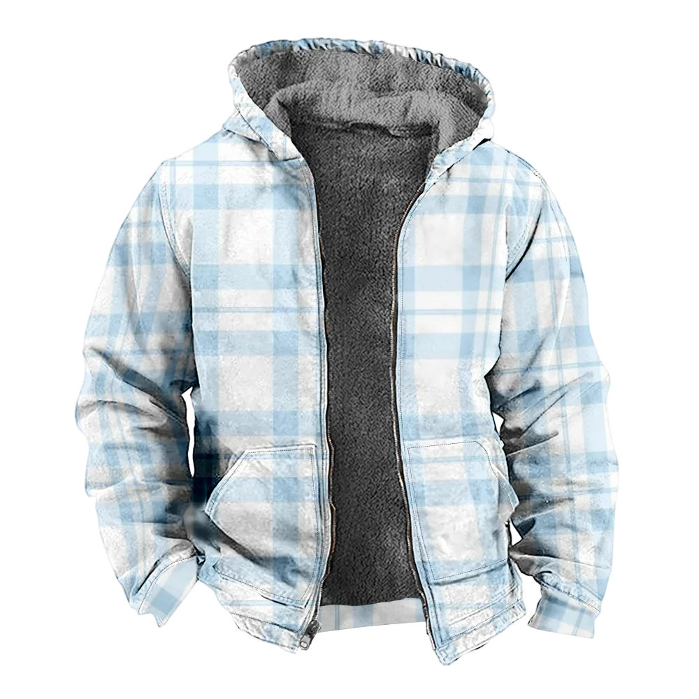 Men's Winter Jackets Coats,Blue Plaid Striped Pattern Cotton Clothes Overcoat Moisture-absorbing 3D Style Home