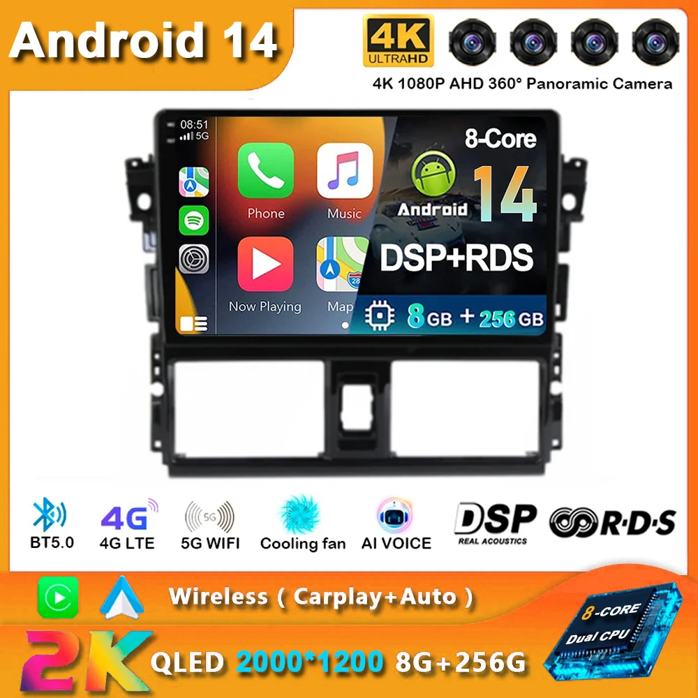 

Android 14 Carplay Auto Car Radio For Toyota Vios Yaris 2013 2014 2015 2016 Navigation GPS Multimedia Player Video Stereo 4G BT
