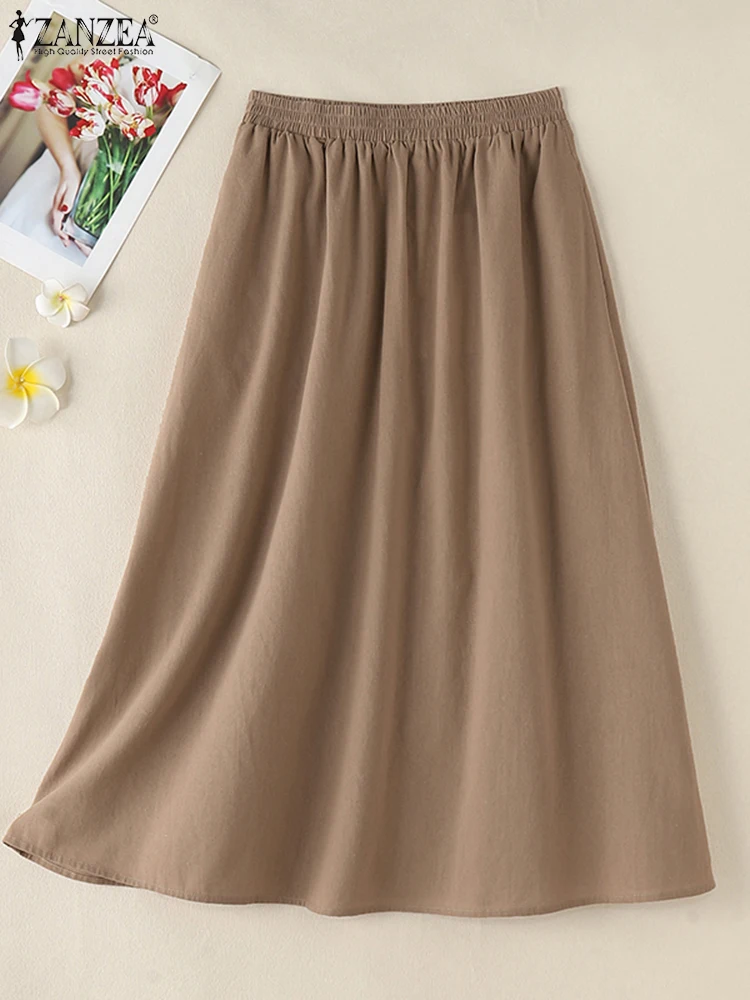 Autumn Solid Cotton Midi Skirts ZANZEA Women Casual A-line Overskirts Vintage Holiday Faldas Vestidos Elastic Waist Baggy Jupes