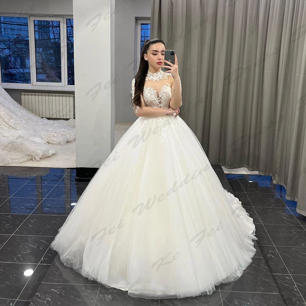 Fashion Lace Applique Wedding Dresses For Women Simple Sexy High Necked Long Sleeved Fluffy Princess Style Mopping Bridal Gowns