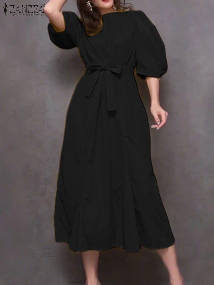 ZANZEA 2025 Frauen Lange Hemd Rüschen Kleid Mode Lässig Solide Elegante Büro Party Vestidos Belted Puff Sleeve Straße Midi Robe