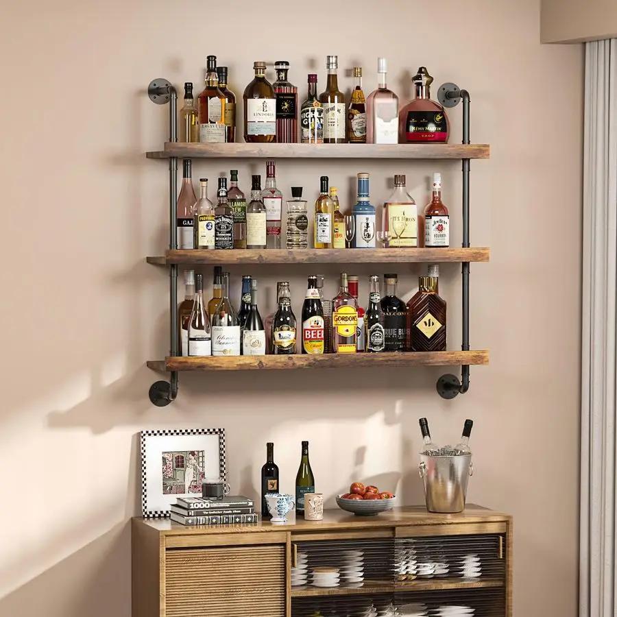 Wall Mounted Wine Rack with LED,Liquor Bottles Floating Shelves Display Storage Organizer for Home Bar Dining Room Kitchen 23.6