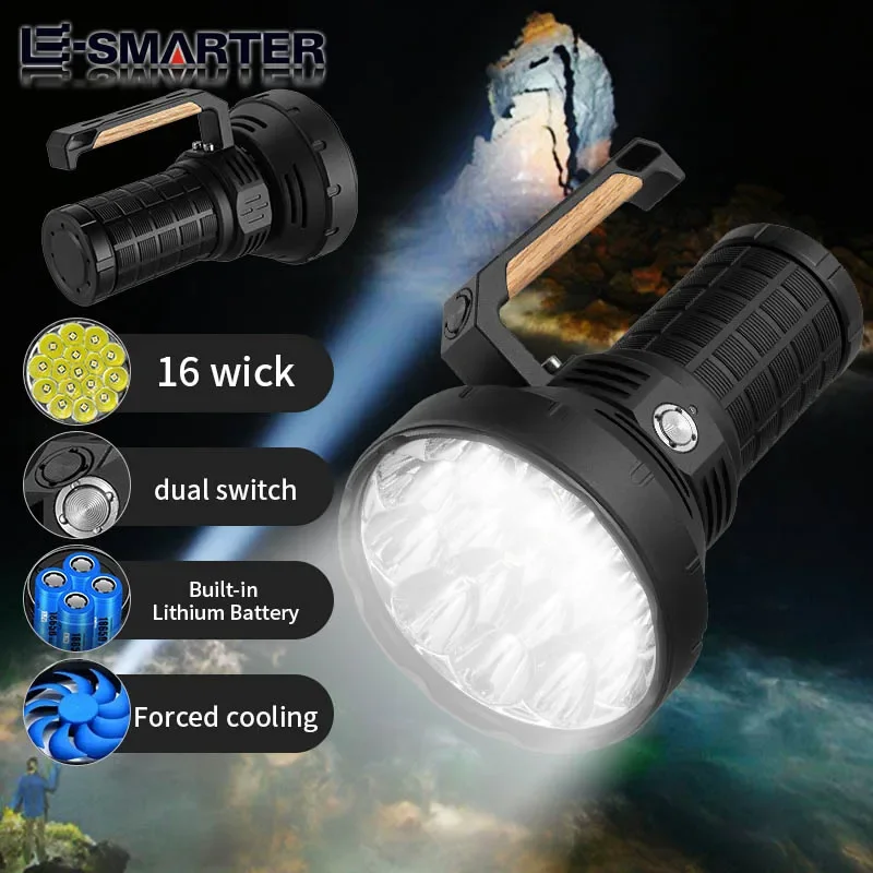 16xP50 Wick Ultra Strong Light Handheld Light Flashlight - Intelligent Fan Forced Heat Dissipation-4x18650 Power Supply