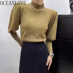 OCEANLOVE Women Pullovers Solid Puff Sleeve Autumn Winter Korean Fashion Sweaters Elegant Vintage Turtleneck Knitwears Tops