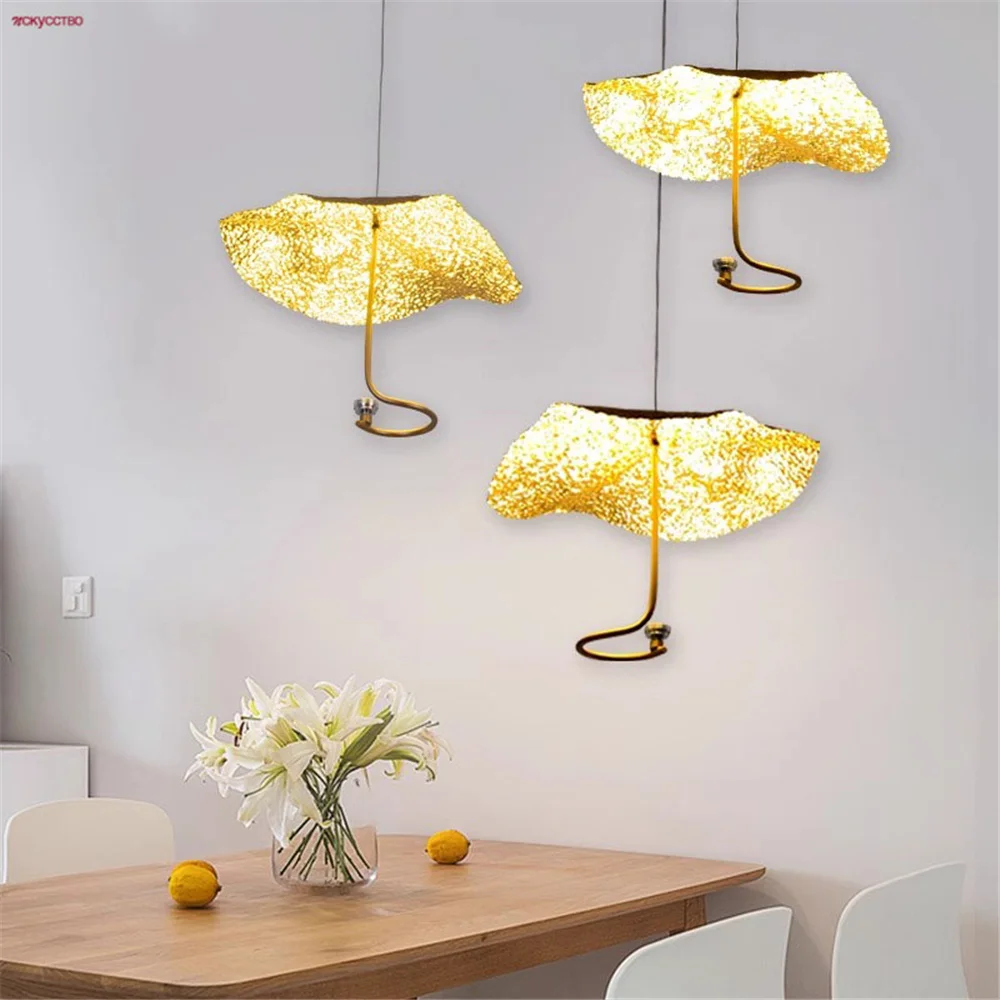 Nordic Gold Foil Shape Iron Art Led Pendant Lights Kitchen Loft Duplex Staircase Hotel Luxury Home Deco Hanging Lamp Fixtures