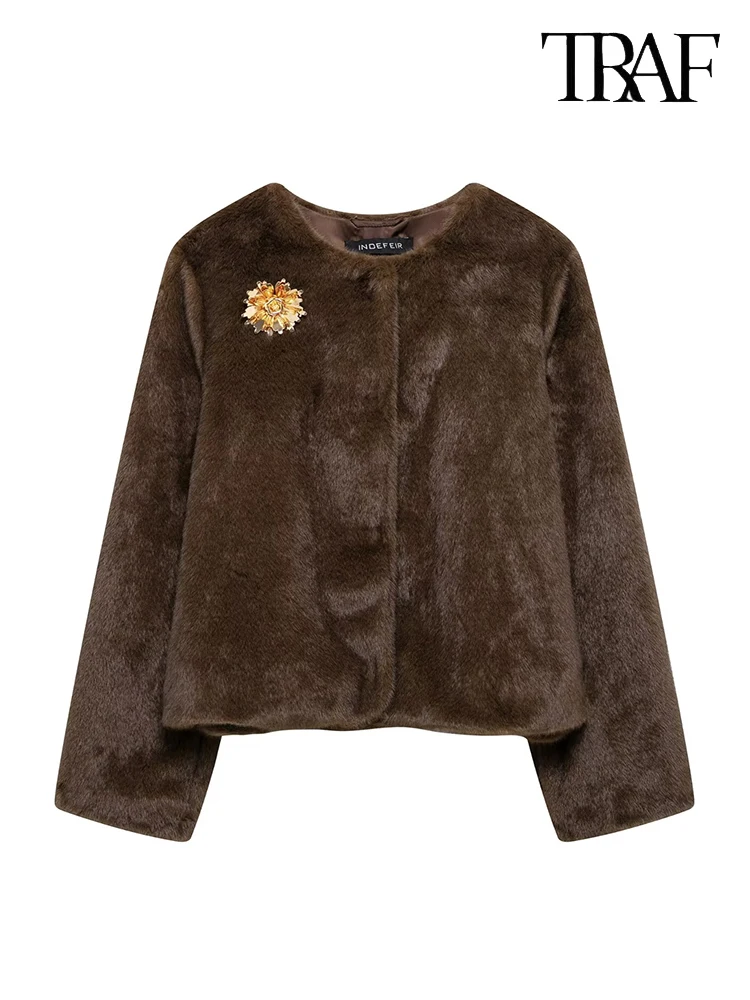 TRAF Women's Fashion 2024 Fall/Winter Vintage Simple Brown Round Collar Faux Fur Effect Jacket Chic Brooch Decoration Jacket