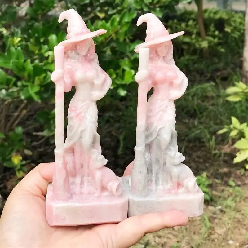 Natural Pink Opal Halloween Witch Carving Healing Crystal Reiki Carved Stones Gift Room Decoration 1PCS