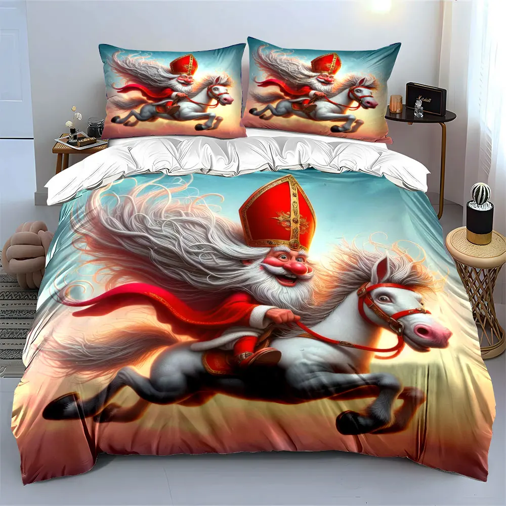 Santa Claus riding a lively white horse in the sky Print Duvet Cover Bedding Set Included 1*Duvet Cover 2*Pillowcases