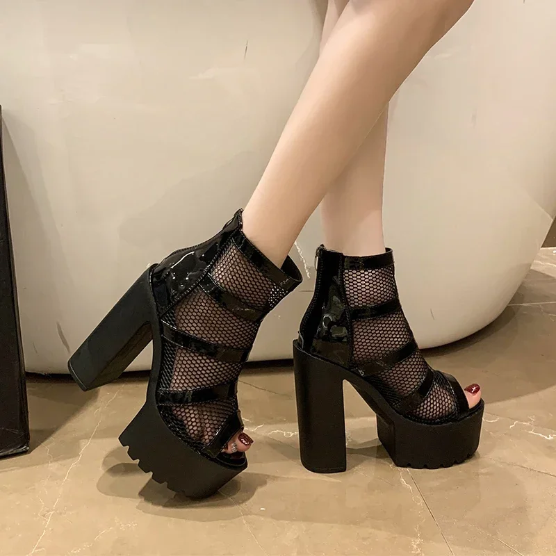 Black 14CM High Heels Sandals Gothic Peep Toe ZIpper Ankle Boots Women Breathable Mesh Summer Waterproof Platform Boot