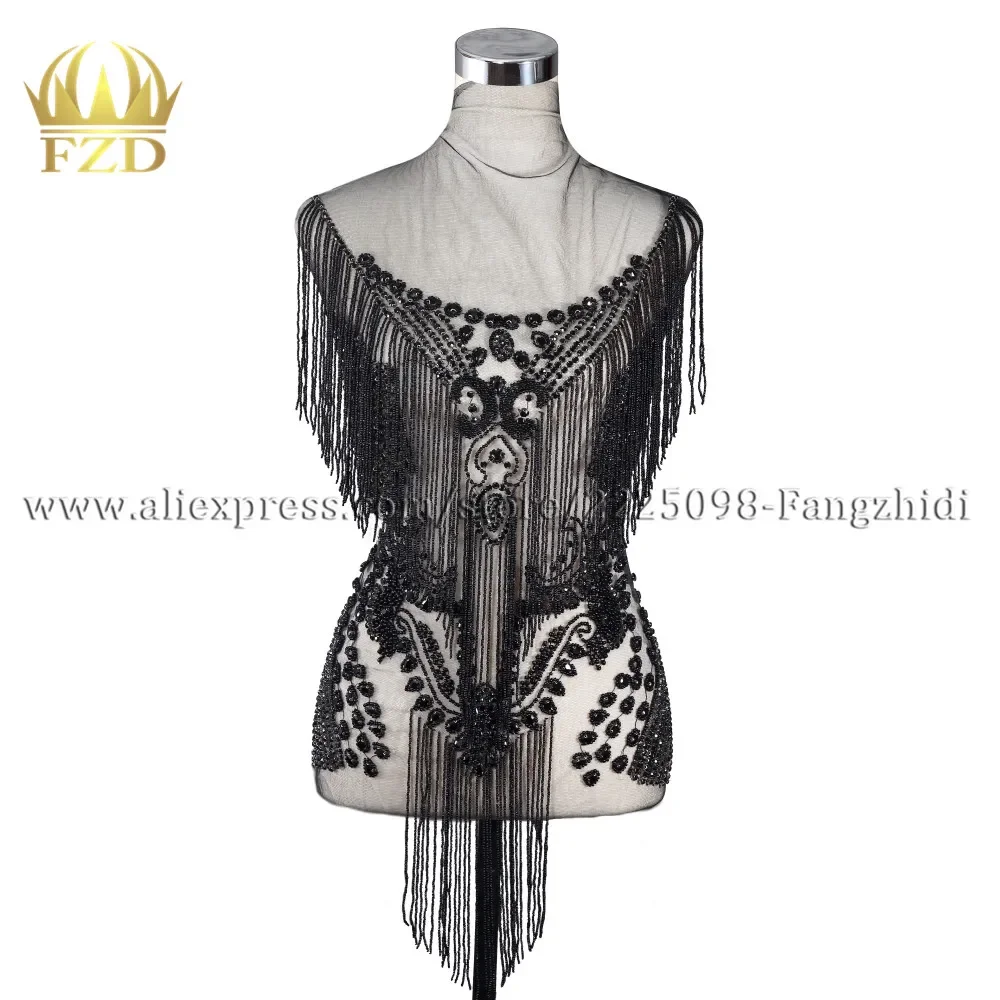 

FZD Handmade 1 Piece Sewing Rhinestone All Black Beads Patches Bodices Large Rhinestone Appliques for Wedding Dress Trim
