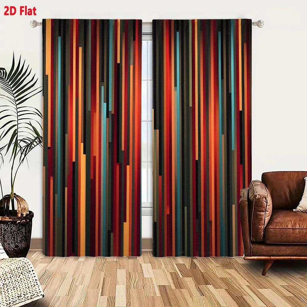 2Pcs Curtains Abstract Digital Artwork Featuring Vertical Stripes In Warm Reds And Cool Teals Window Drapes for Bedroom Room Dec