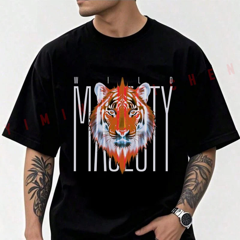 

Men's Moto Cotton T-Shirt The Head Of A Tiger In The Middle Tshirt Adventure Casual O-Neck Top Tee