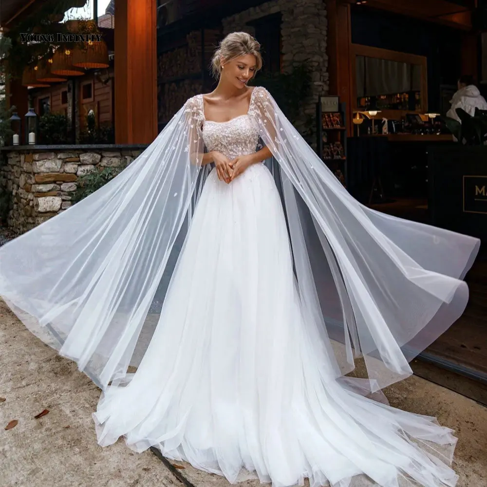 

New Arrival A Line Wedding Dress 2022 Bridal Gown Pearls Long Flara Sleeves Chapel Train White Ivory Formal Bride Party Wear