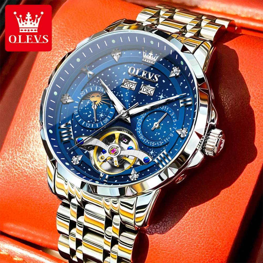 OLEVS 6690 Starry Sky Dial Automatic Mechanical Men's Watch Stainless Steel Leather Strap Frame Multi functional Men Watches