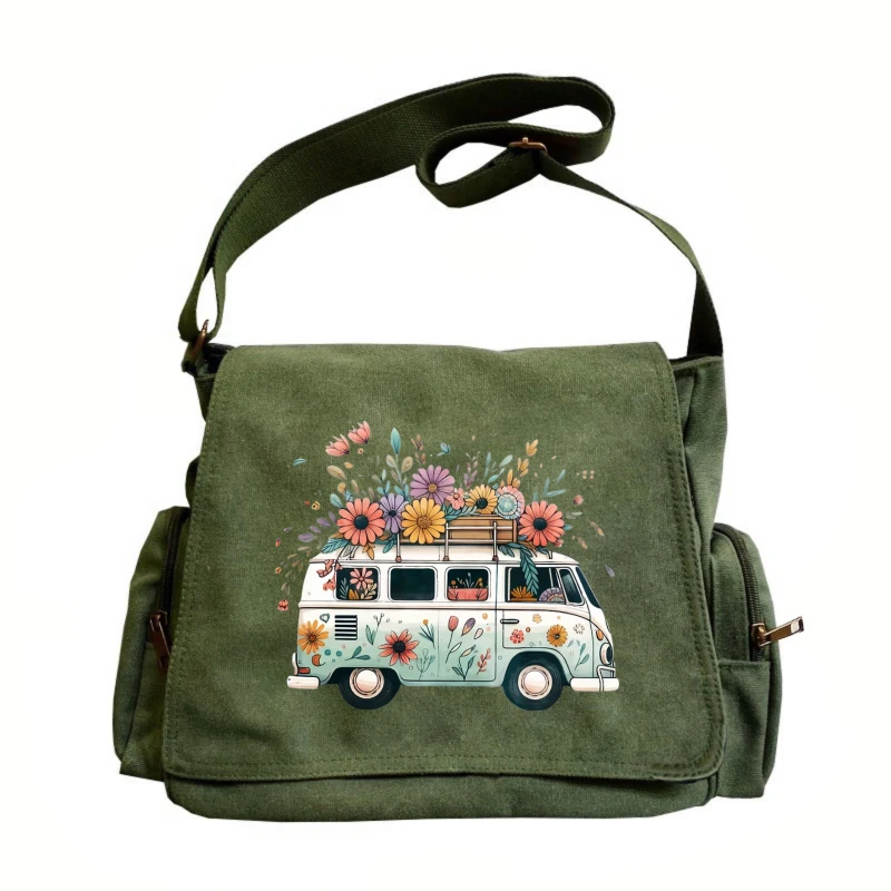 

Vintage Womens Shoulder Bag Canvas Floral Van Print Large Capacity Messenger Bag Daily Crossbody Bag