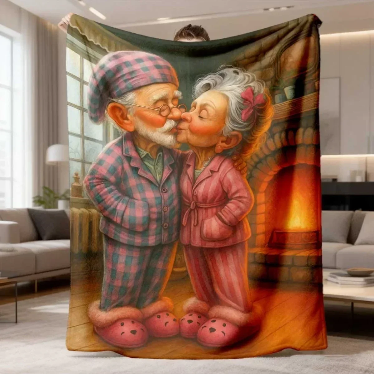 Romantic Elderly Couple Flannel Blanket Soft Comfortable Throw Blanket Warm Fireplace Grandparents Print Blanket