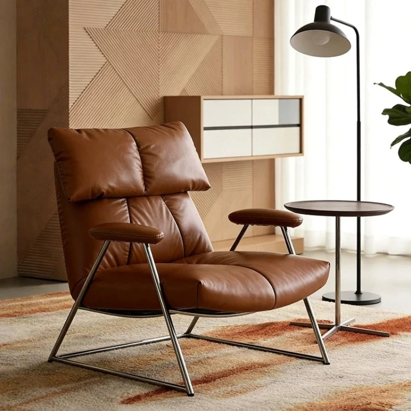 Single sofa living room bedroom retro light luxury leather art stainless steel leisure chair lazy back chair