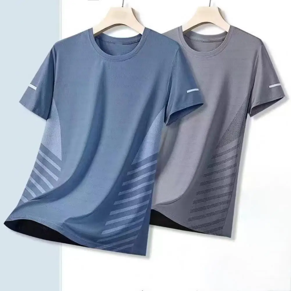 Men Round Neck T-shirt Men's Summer Ice Silk Quick-drying Mesh Short Sleeve Sport T-shirt with Plus Size O Neck Contrast Color