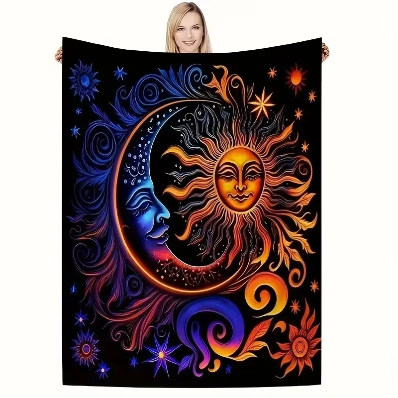 Mystic Sun And Moon Celestial Throw Blanket,Bohemian Star Swirl Pattern Soft Warm Sofa Psychedelic Spiritual Home Blanket