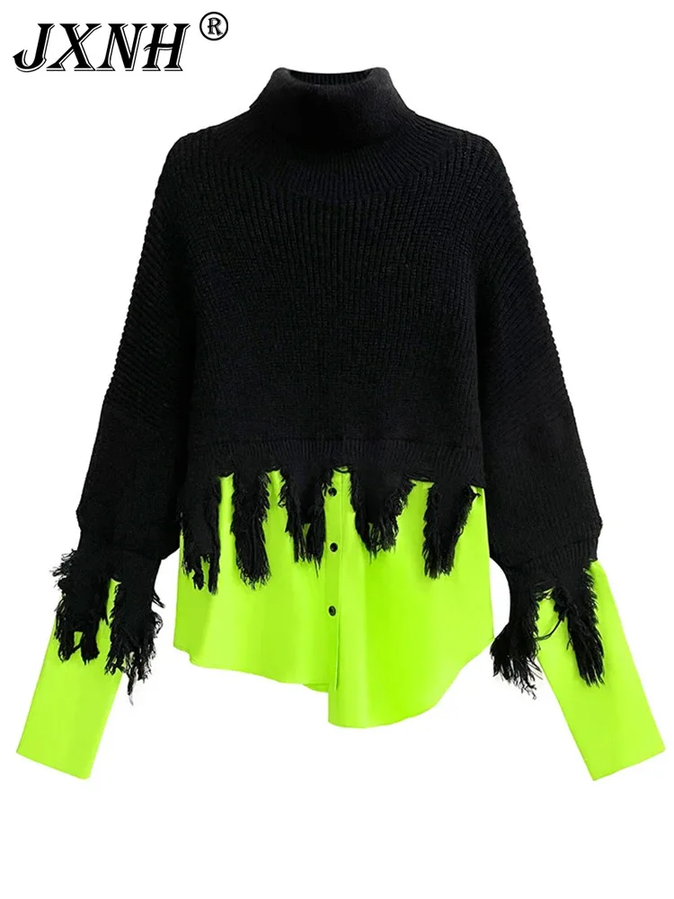 

Tassel Color-block Big Size Knitting Sweater Turtleneck Long Sleeve Women Pullovers New Fashion Spring Autumn 2024
