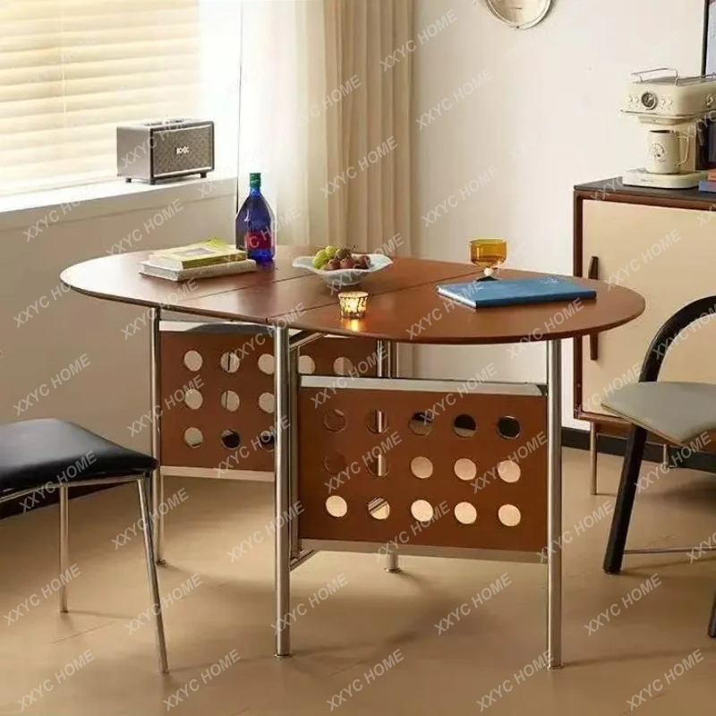LFoldable rock slab table and chair combination oval medieval household small apartment solid wood retractable dining