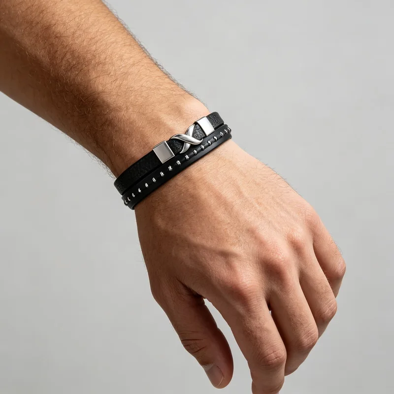 KALEN Infinity Symbol Leather Bracelet For Men Stainless Steel Braided Wristband Rivet Detail Holiday Birthday Gift Jewelry