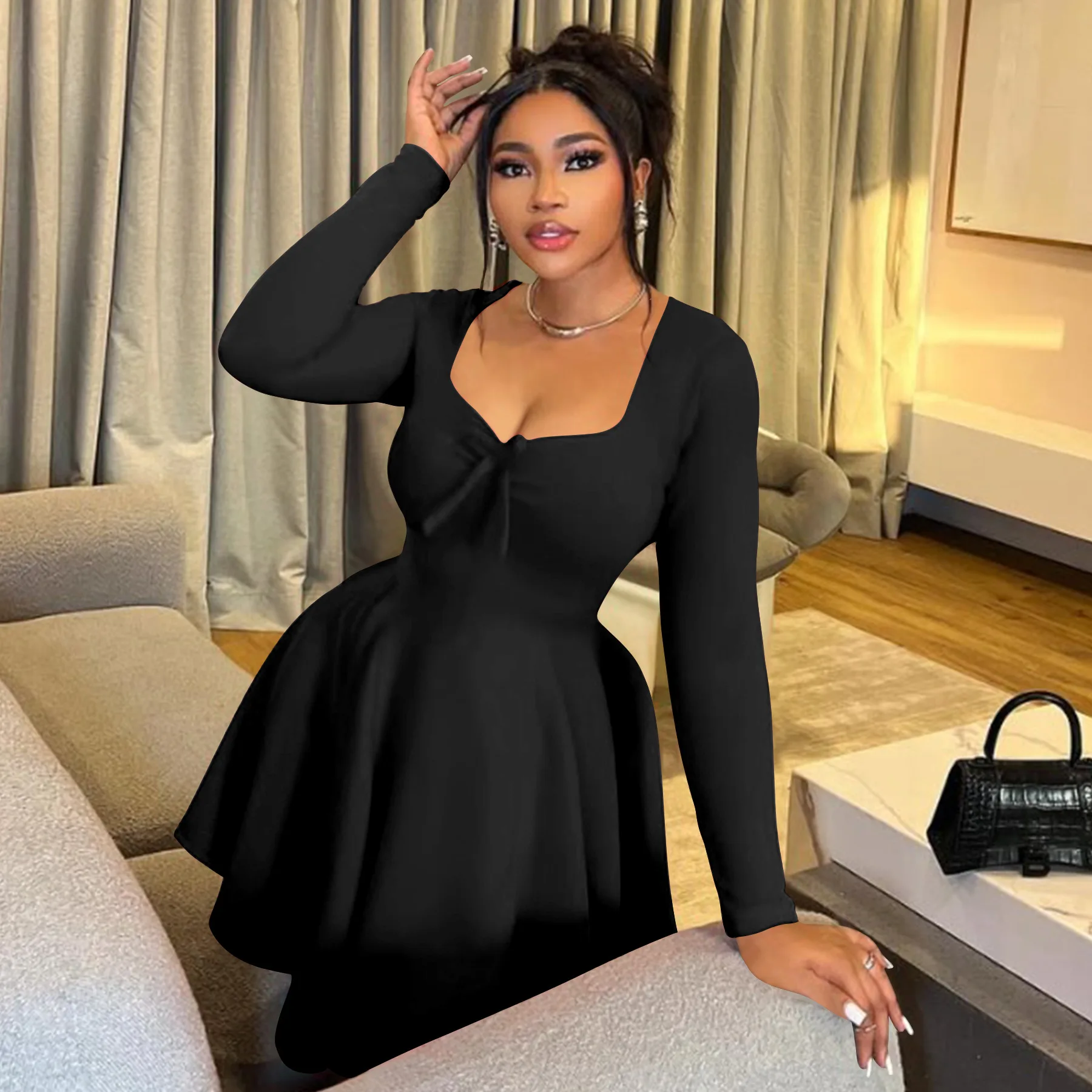 

Women Summer Plus Size Dress Casual Cute Bow Cinched Waist Long Sleeve Dress for Cocktail Vacation Club Streetwear