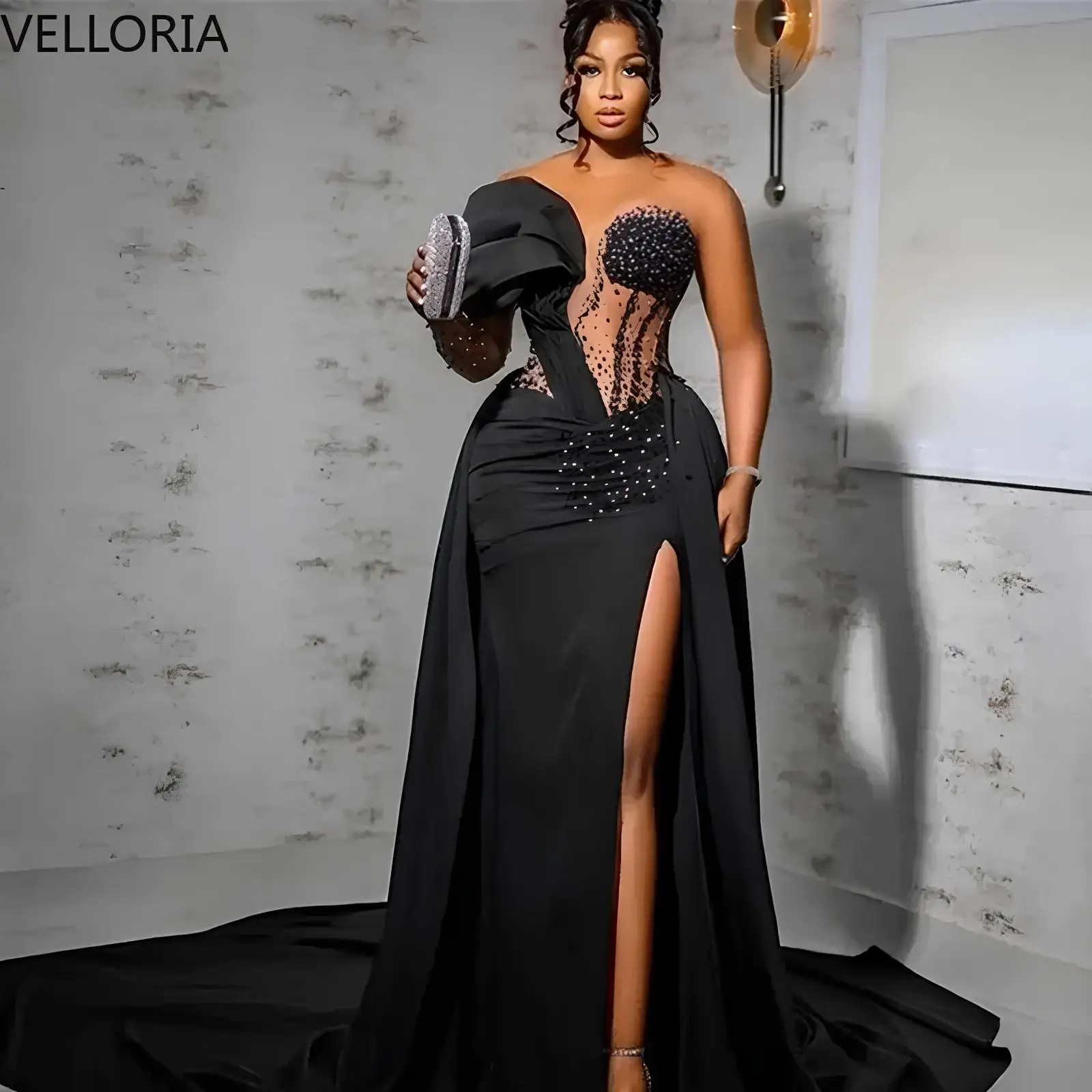

Black One Shoulder High Slit Evening Gowns Beaded Sheer Corset Prom Dresses Sexy Women Party Gowns Pageant VestidosCustomized