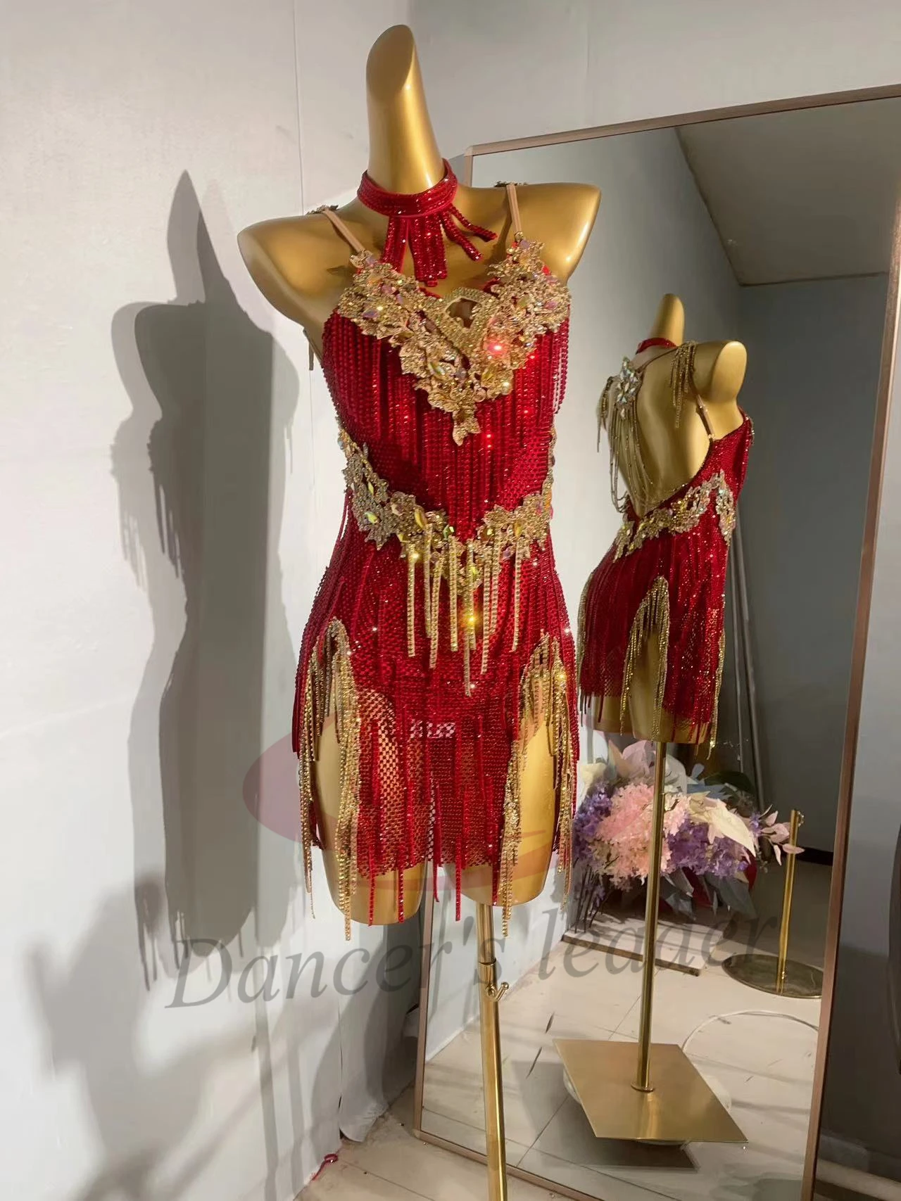ชุดเต้นลาติน AB Stone สำหรับผู้หญิงและเด็ก รุ่นหรูหราสั่งตัดได้ แต่งเพชรแดงลายตาราง สำหรับการแสดงซัมบ้า