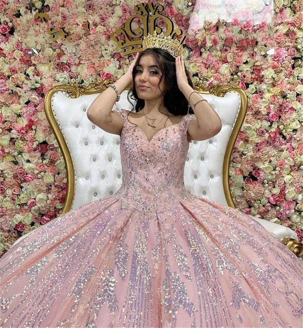 Angelsbridep gambar asli berkilau merah muda Quinceanera gaun Vestido De 15 Anos Formal pesta ulang tahun Prom bola gaun korset