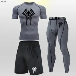 Męskie garnitury sportowe kombinezony kompresyjne Rashguard rajstopy spodnie T Shirt do biegania zestawy bokserskie trening gimnastyczny Muay Thai Fightwear MMA