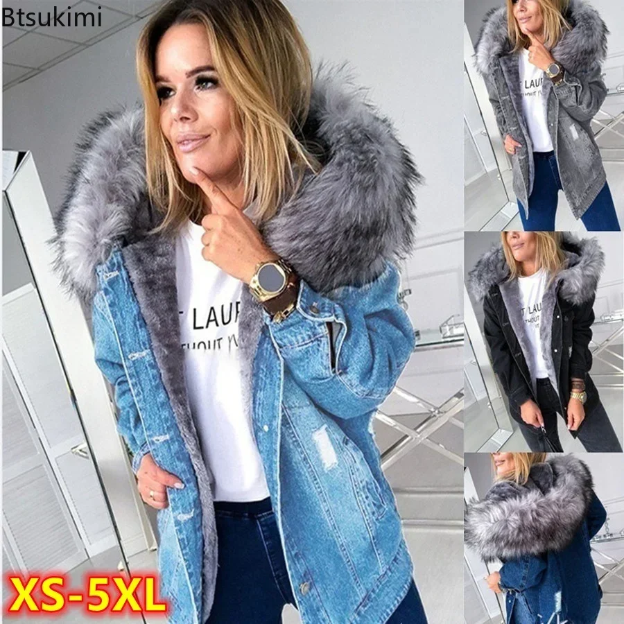 2025 Women's Autumn Winter Warm Fluffy Collar Hooded Denim Jacket Coat Thick Plush Lined Long Sleeve Jeans Coat Female Outwear